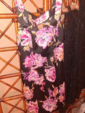 Cache Black Floral Satin Sun Dress with Pink and Gold Blooms